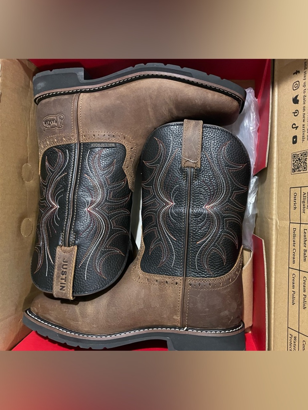 Justin Boots Brown and Black Waterproof Western Work Boots